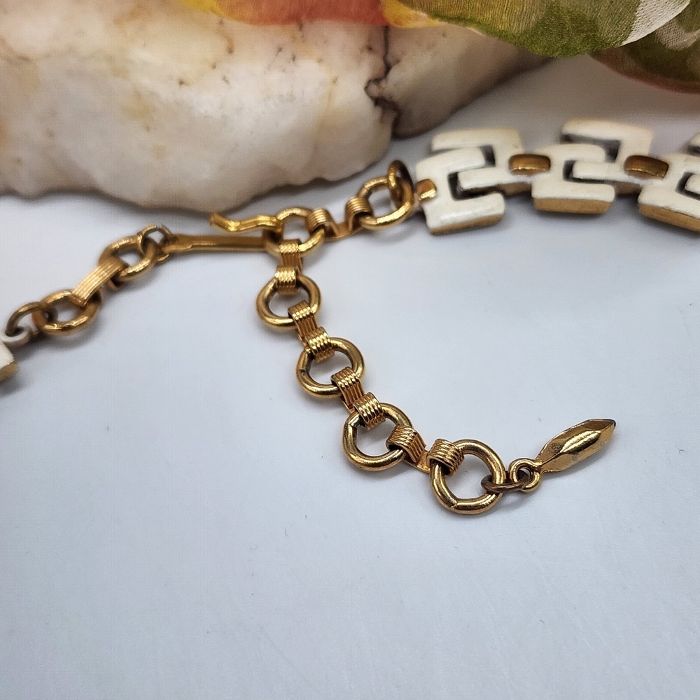 Gold Necklace Statement Gold Greek Key White Enamel Link Chain Chunky Bold - Picture 8 of 13